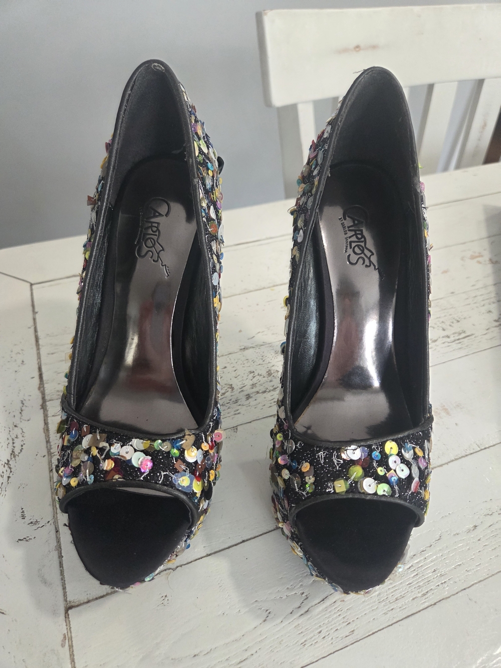 Carlos Santana black multi-colored sequin peep-toe platform heels - Picture 13 of 13